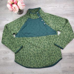 J. Crew Quilted Sherpa Button Neck Tunic Loden Green Leopard Print Medium New